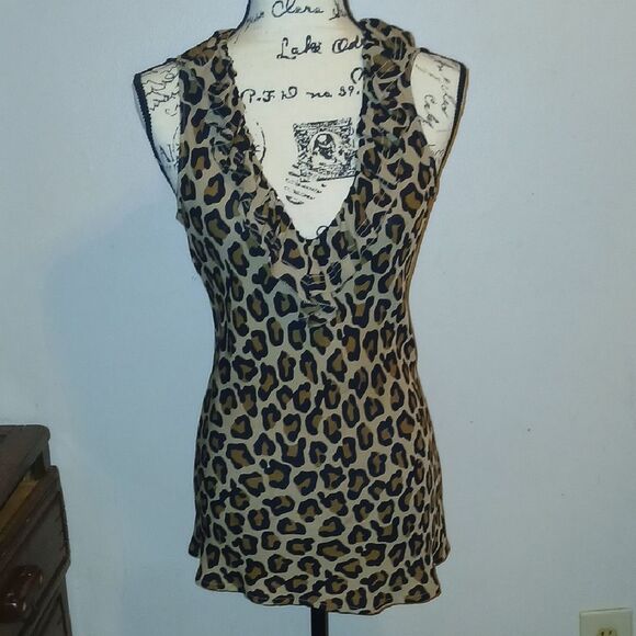 Tory Burch Black and Gray Ruffled Sleeveless Leopard Print Blouse Size 10 - Picture 1 of 12